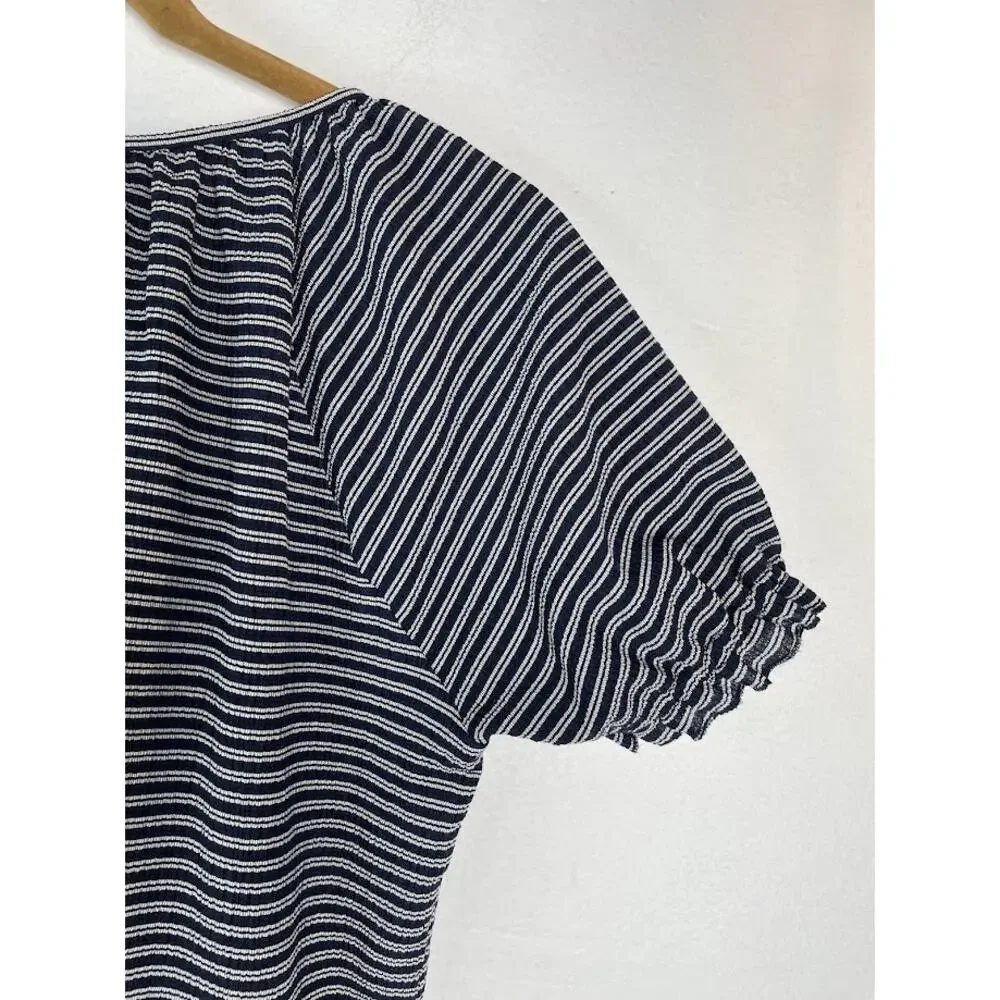 Madewell Top Womens Peasant Ruffle Blouse Short Puff Sleeve Striped Scoop Neck